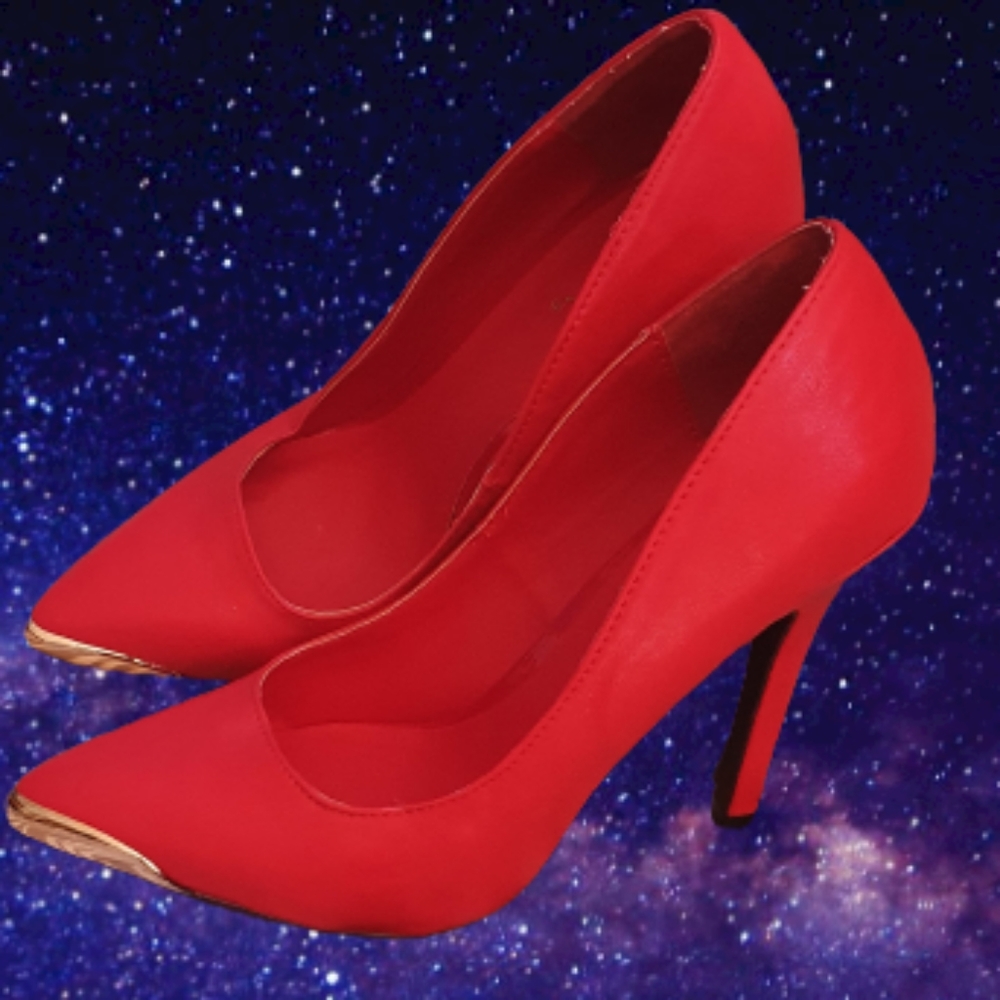Red stilettos with gold front detail